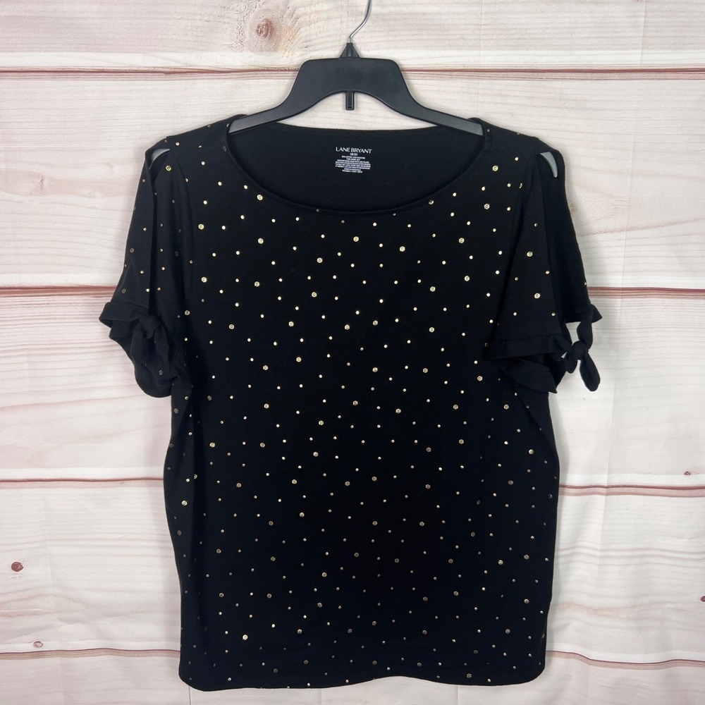 Lane Bryant Top Women 18 20 Black Gold Polka Dot T-Shirt Scoop Neck Split Sleeve